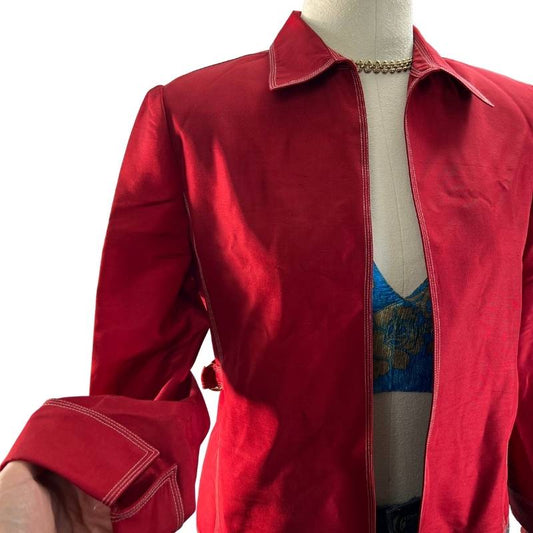 Vintage Adrianna Papell ruby red silk open front blazer with white stitching cuffs