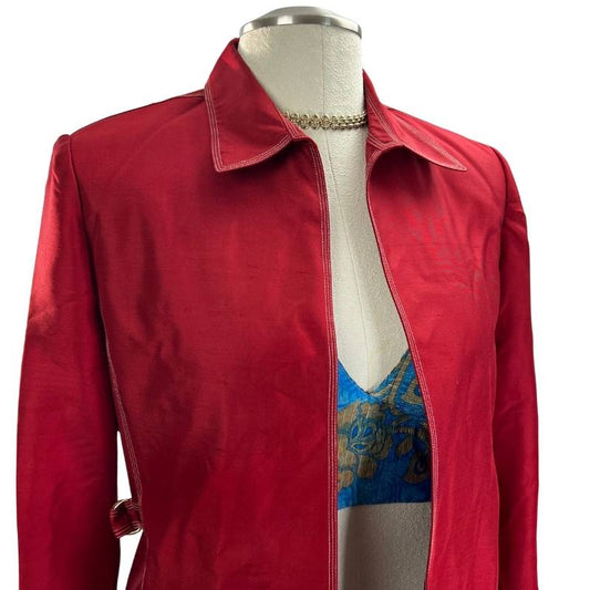 Vintage Adrianna Papell ruby red silk open front blazer with white stitching