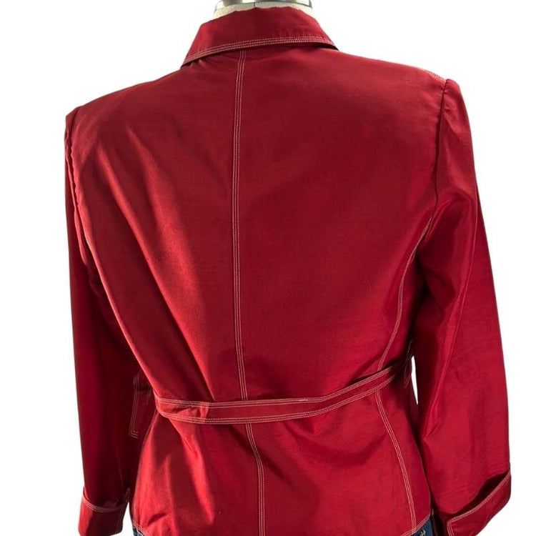 Vintage Adrianna Papell ruby red silk open front blazer with white stitching back