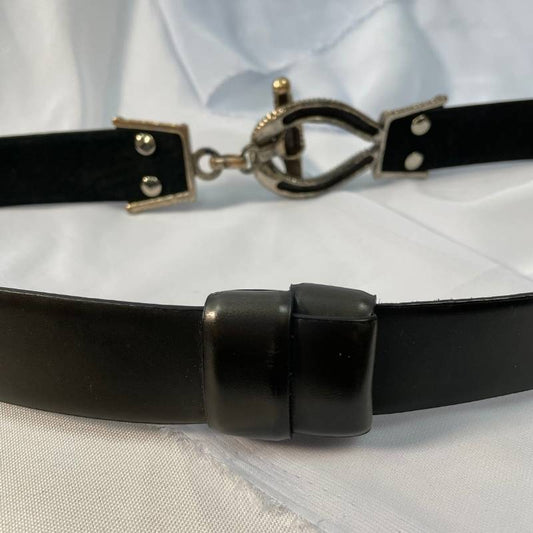 Chico's black genuine leather belt with hook metal buckle. Size small/medium