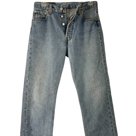Levi's 501 vintage straight leg, high waist, raw hem, button fly blue jeans.