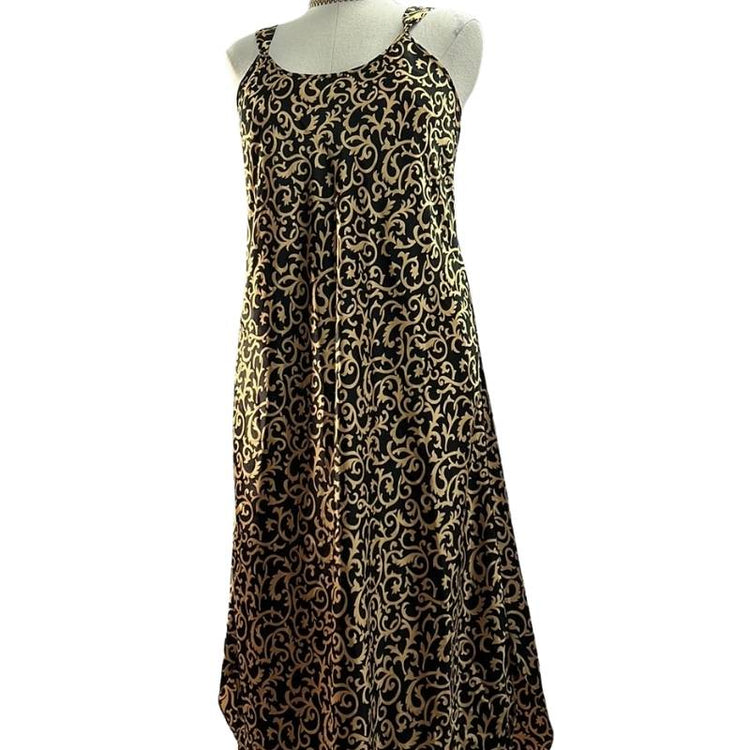 Natorious Satin Gold and Black Long Slip Dress. Maxi length. Adjustable straps.