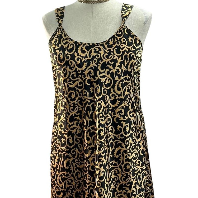 Natorious Satin Gold and Black Long Slip Dress. Maxi length. Adjustable straps.