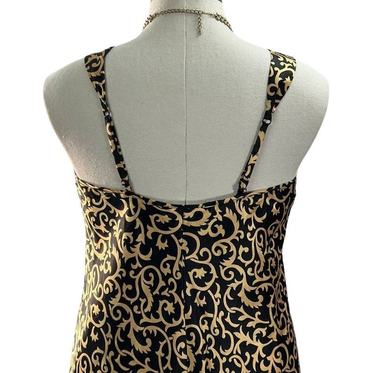Natorious Satin Gold and Black Long Slip Dress. Maxi length. Adjustable straps. back.