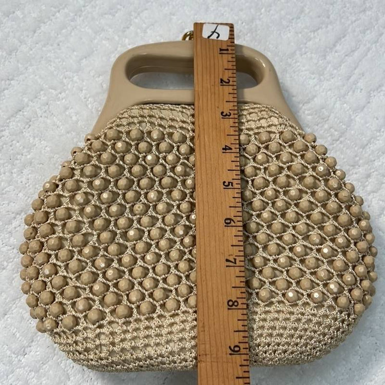 Vintage Italian Crocheted Raffia Beaded Ivory Beige Mid-Century Handbag