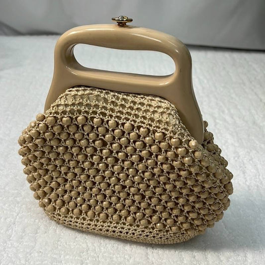 Vintage Italian Crocheted Raffia Beaded Ivory Beige Mid-Century Handbag