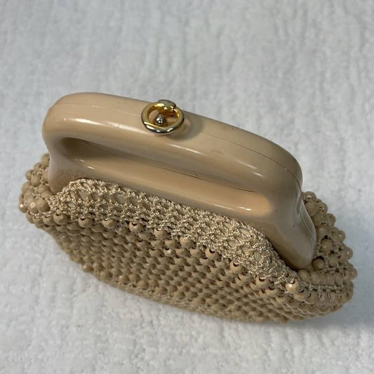 Vintage Italian Crocheted Raffia Beaded Ivory Beige Mid-Century Handbag
