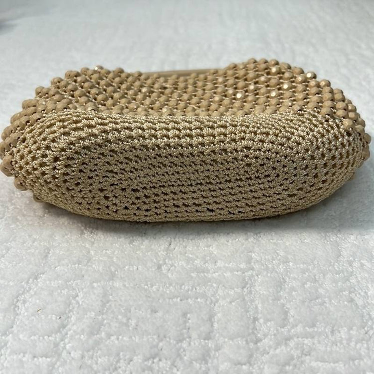 Vintage Italian Crocheted Raffia Beaded Ivory Beige Mid-Century Handbag