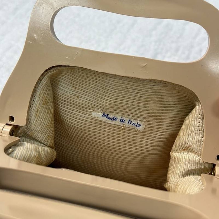 Vintage Italian Crocheted Raffia Beaded Ivory Beige Mid-Century Handbag