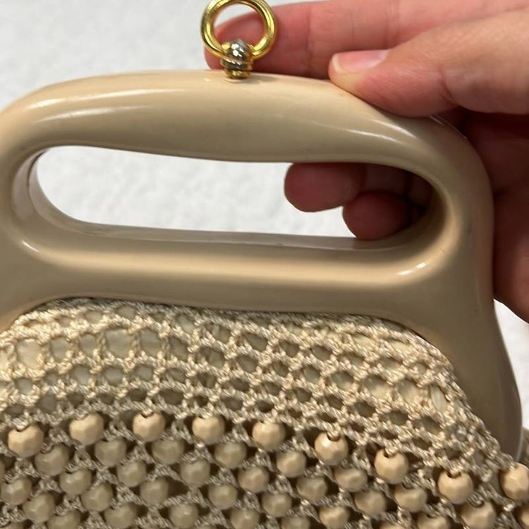 Vintage Italian Crocheted Raffia Beaded Ivory Beige Mid-Century Handbag