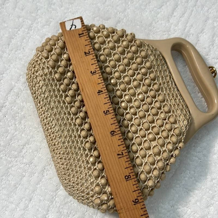 Vintage Italian Crocheted Raffia Beaded Ivory Beige Mid-Century Handbag