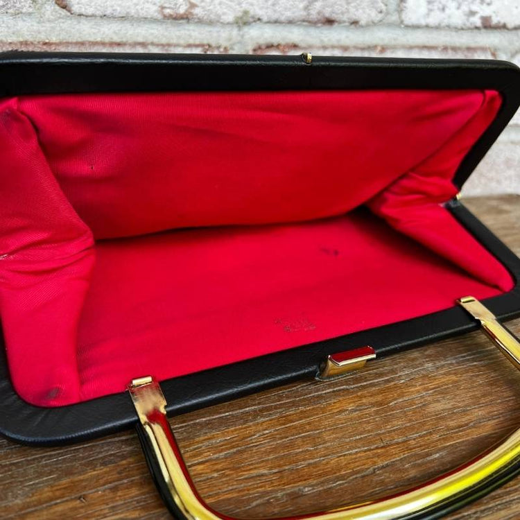 vintage vinyl black clutch gold handle clasp red inside