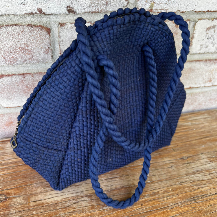 vintage blue woven handbag double handles