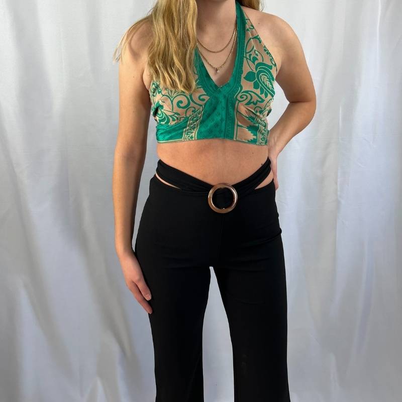 black stretch flair cutout pants with o-ring buckle