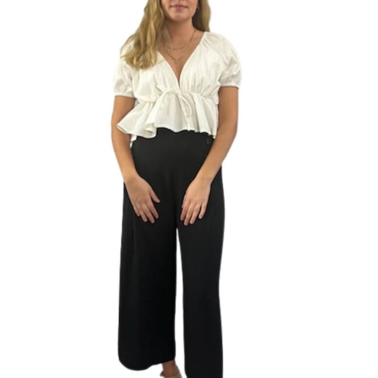 Black Wide Leg Pull On Ankle Length Flowing Pants with Pockets
