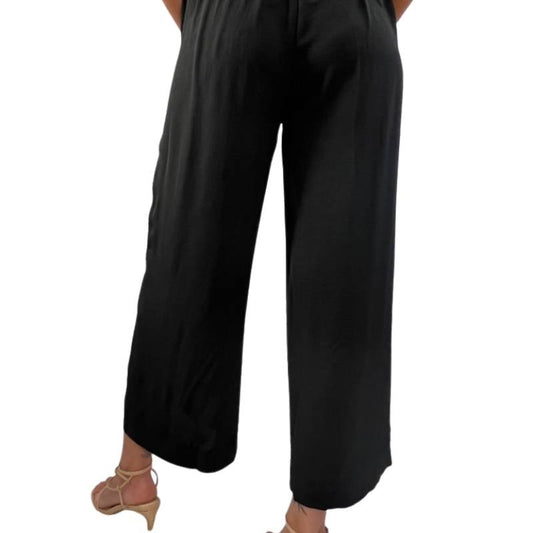 Black Wide Leg Pull On Ankle Length Flowing Pants with Pockets