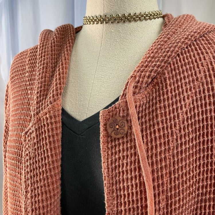 waffle knit hooded cardigan jacket with natural wooden buttons and pockets