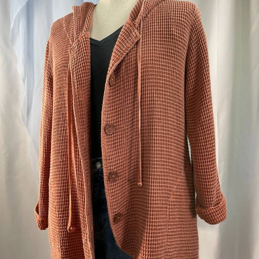 waffle knit hooded cardigan jacket with natural wooden buttons and pockets