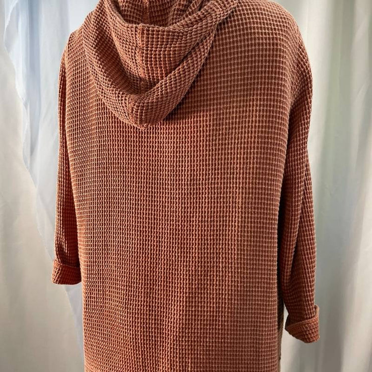 waffle knit hooded cardigan jacket with natural wooden buttons and pockets back