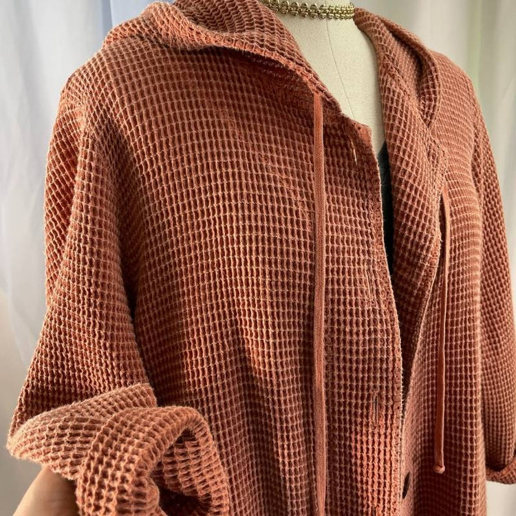 waffle knit hooded cardigan jacket with natural wooden buttons and pockets