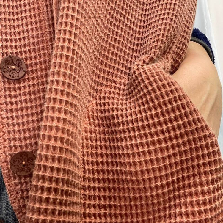 waffle knit hooded cardigan jacket with natural wooden buttons and pockets