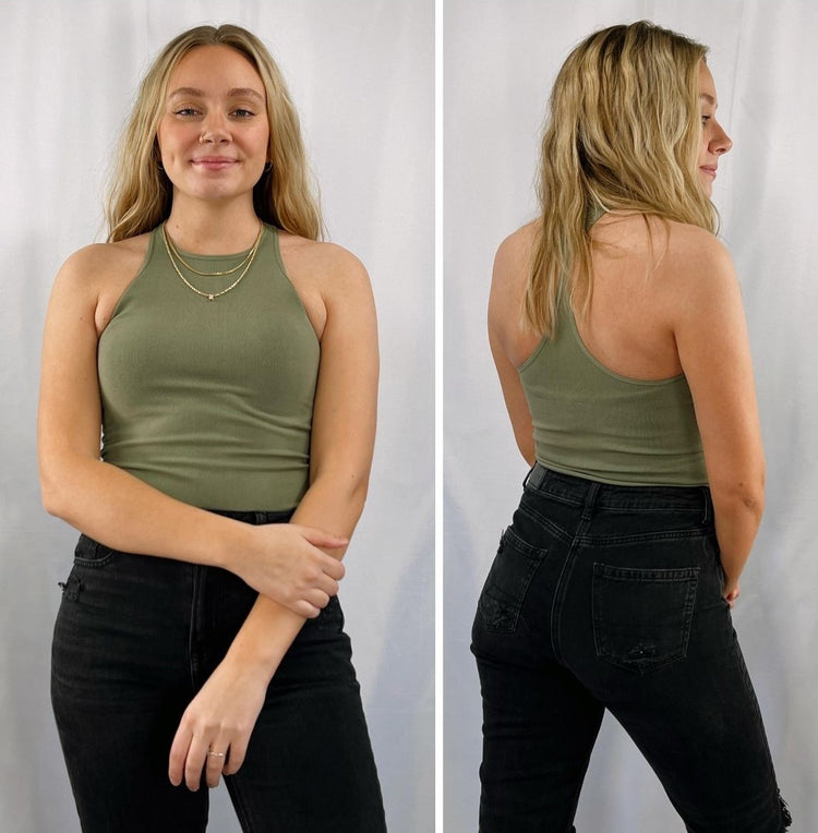 olive green Seamless Ribbed Racerback Tank Top Lightweight 92% NYLON 8% SPANDEX
