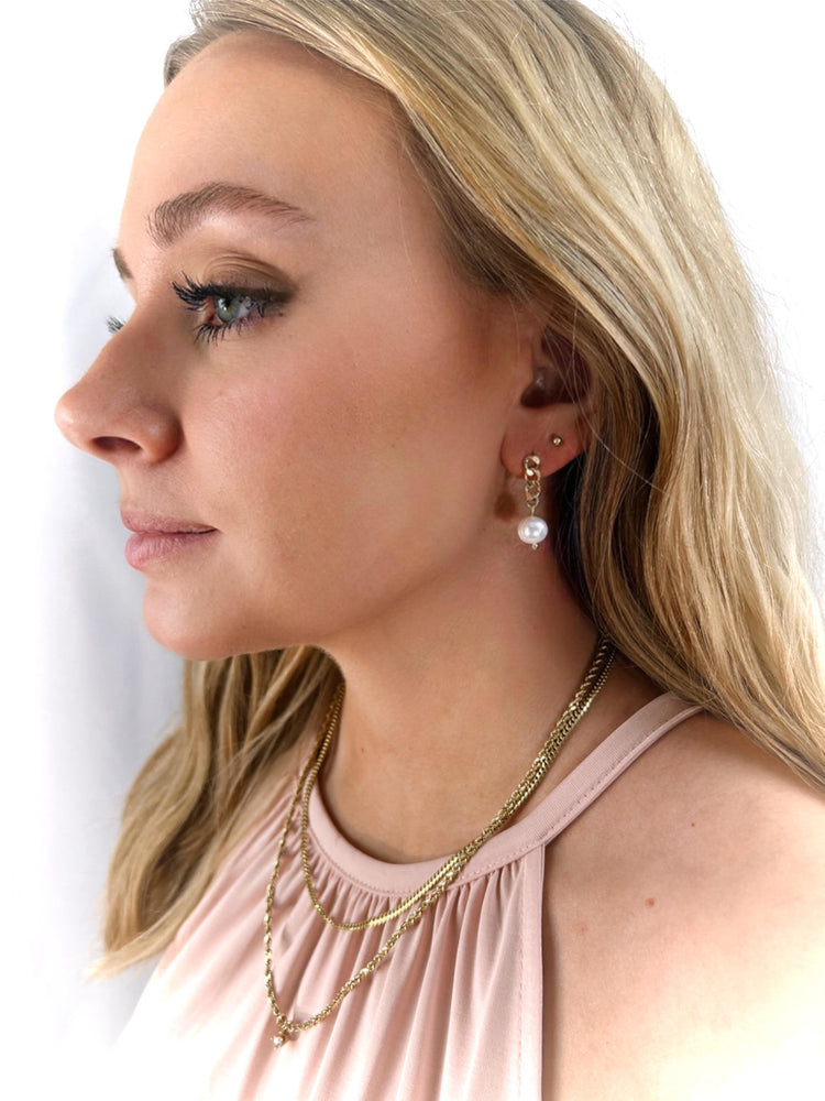 asymmetrical pearl and gold plated chain drop earrings
