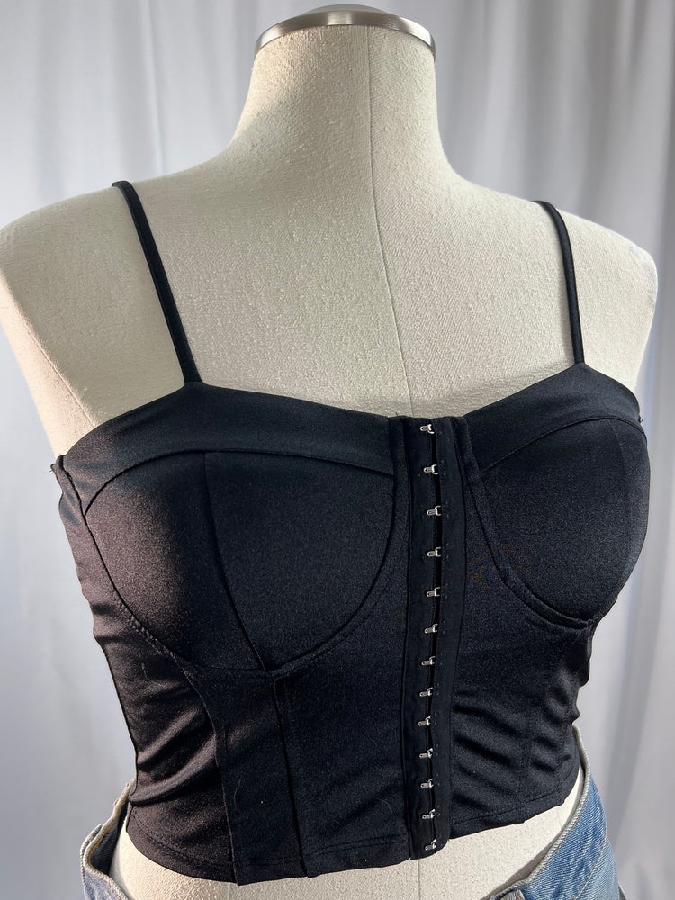 pull on satin bustier with adjustable straps and hook and eye front closure