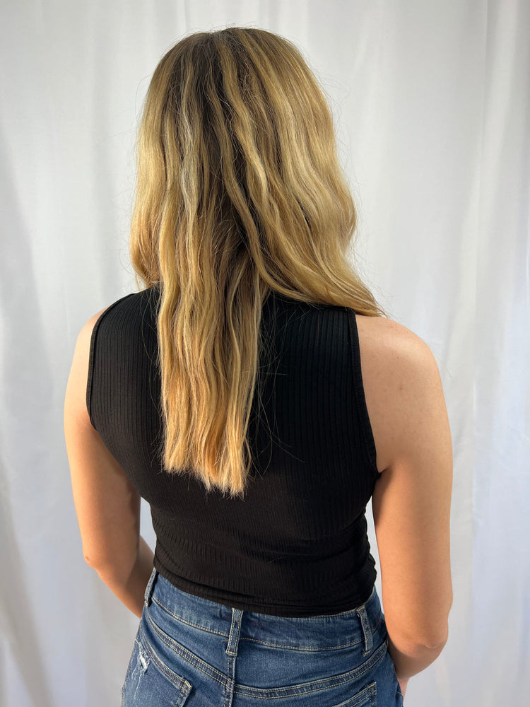 black sleeveless ribbed tank high neck