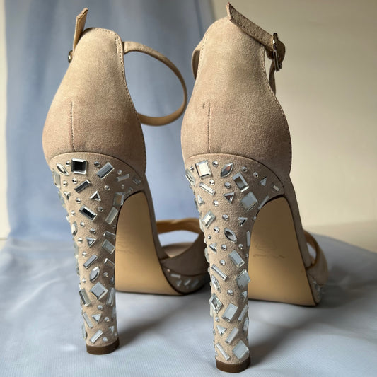 Nina neutral glam platform crystal heels with ankle straps