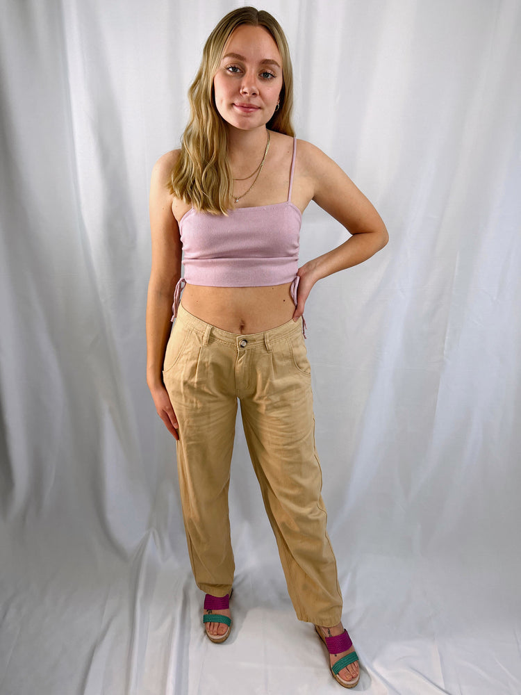 Pleated High Rise Tapered Khaki Pants