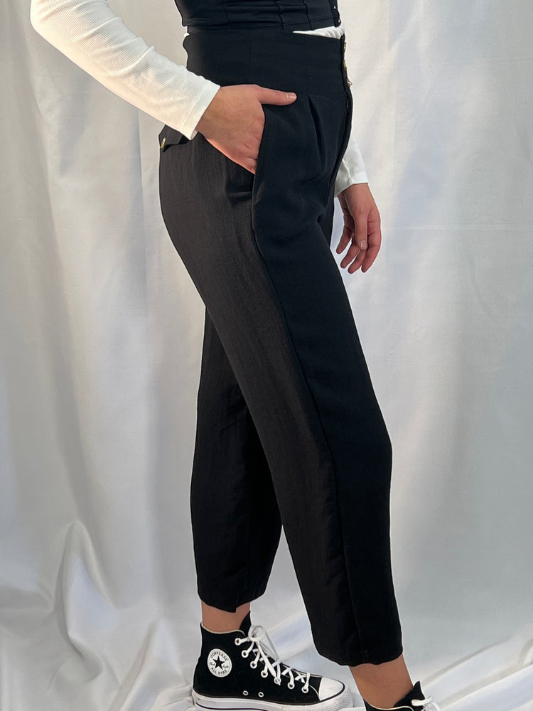 cropped lightweight woven straight leg pants with pockets high waisted sleek waistband nylon cotton linen black