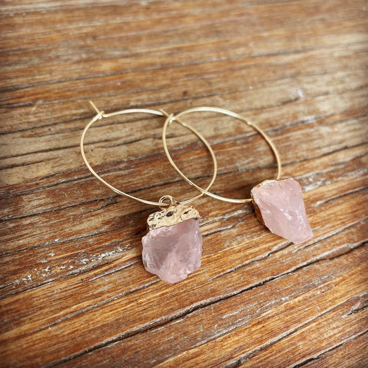 natural rose stone earrings with gold tone French wire hoops