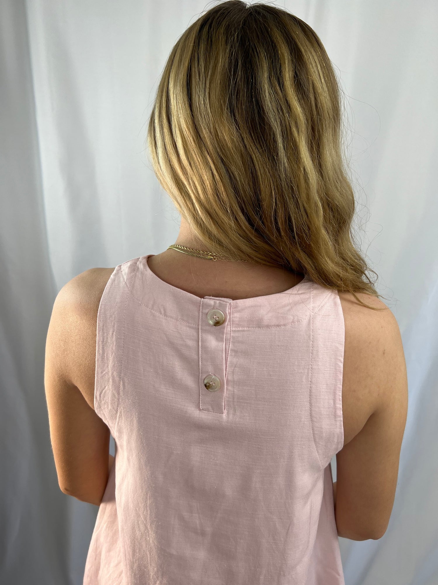 pale pink linen-blend trapeze A-line mini dress fully lined with back neckline button closure 55% Linen 45% Rayon Lining 100% Rayon