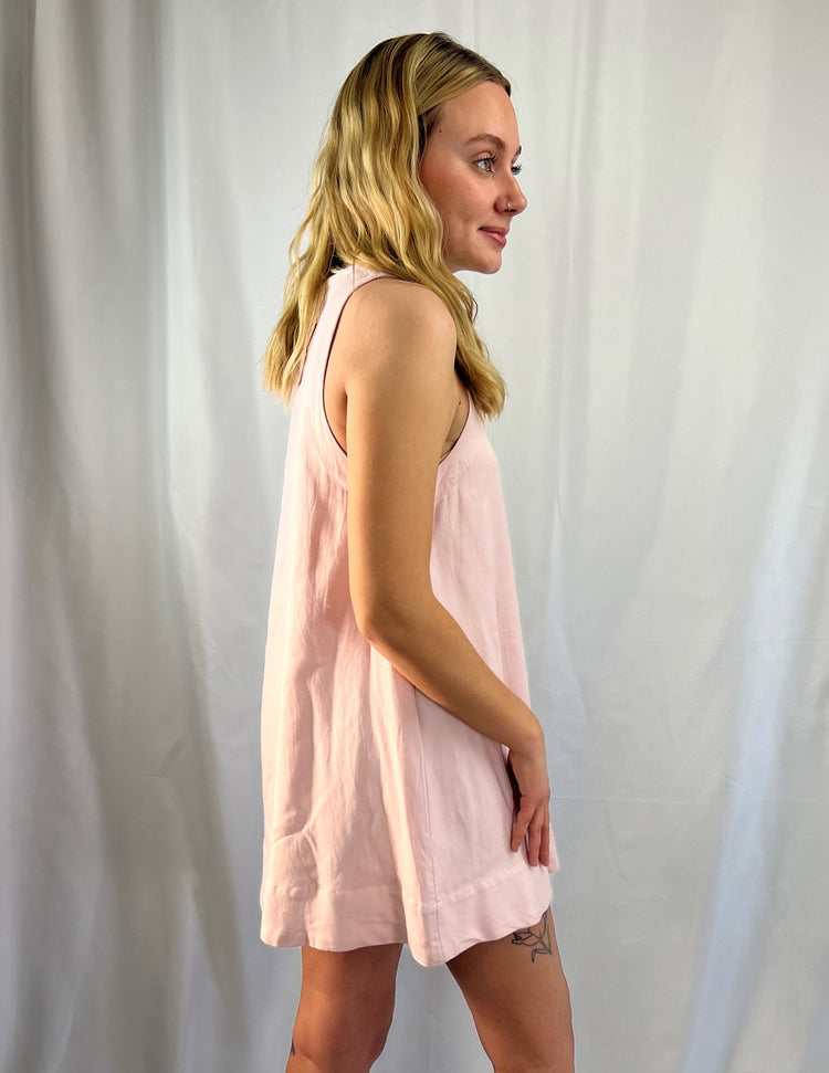 pale pink linen-blend trapeze A-line mini dress fully lined with back neckline button closure 55% Linen 45% Rayon Lining 100% Rayon