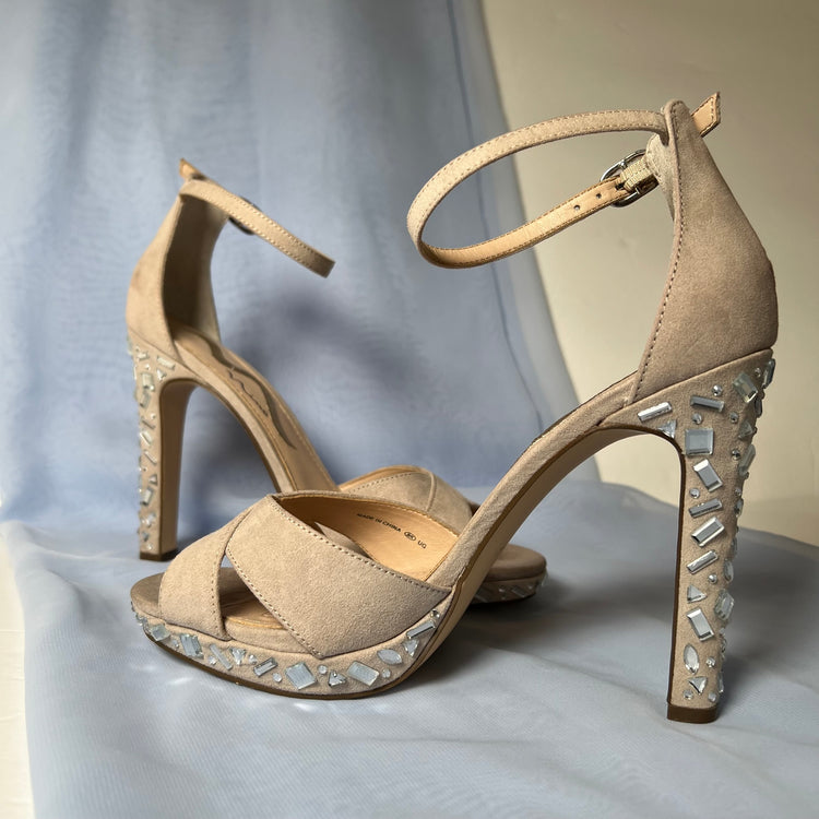 Nina neutral glam platform crystal heels with ankle straps