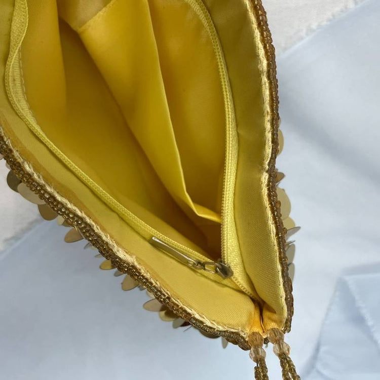 gold sequin cocktail special occasion handbag purse with beaded handle and yellow satin lining