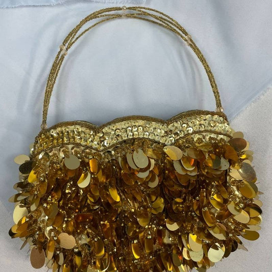 gold sequin cocktail special occasion handbag purse with beaded handle