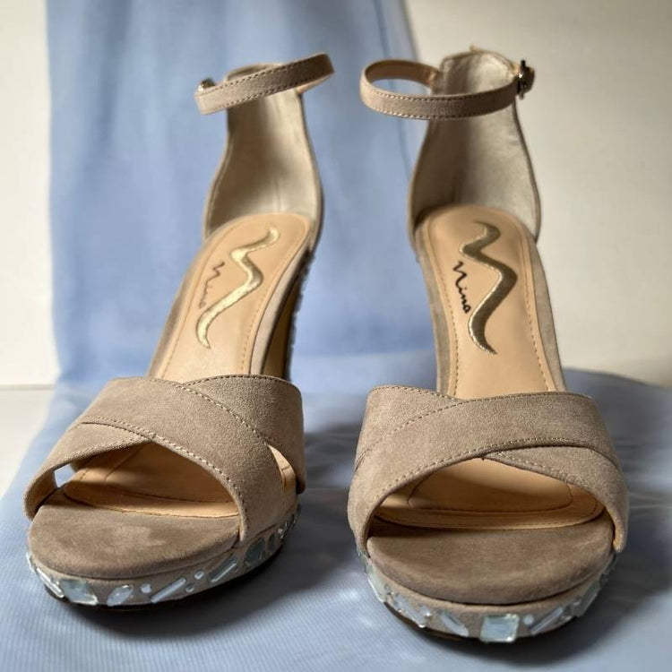 Nina neutral glam platform crystal heels with ankle straps