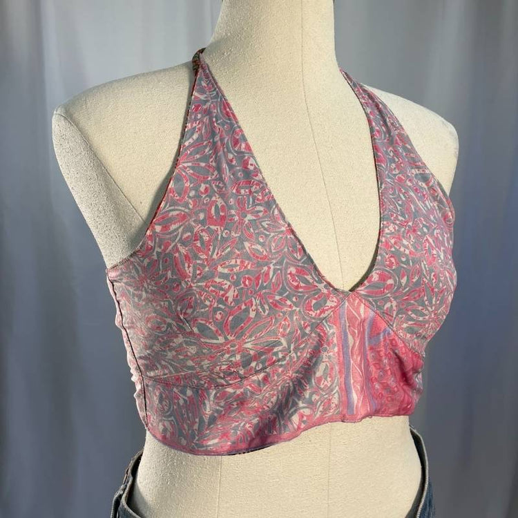 reversible silk halter top gray pink ivory crop top