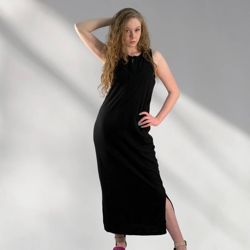 black tank maxi t-shirt dress v-neck side slits sleeveless women's small