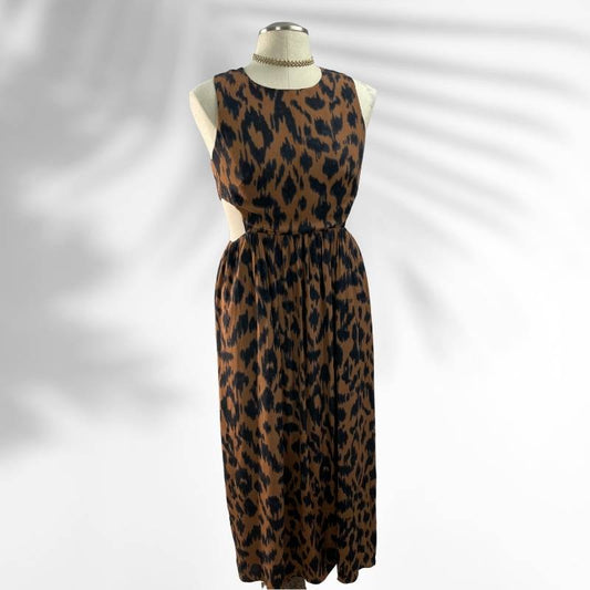 leopard animal print sleeveless cutout maxi dress with lining and pockets