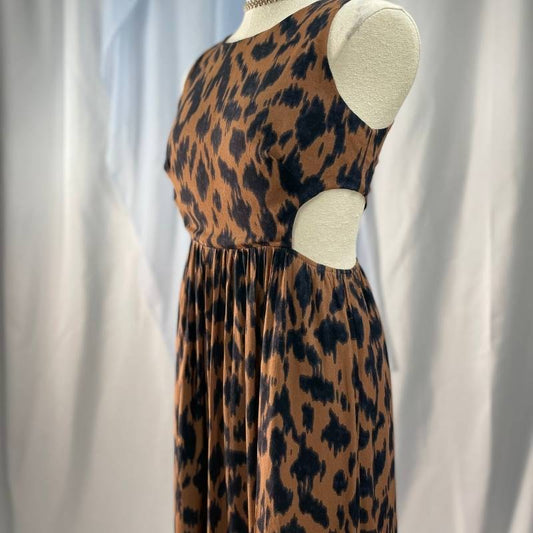 leopard animal print sleeveless cutout maxi dress with lining and pockets