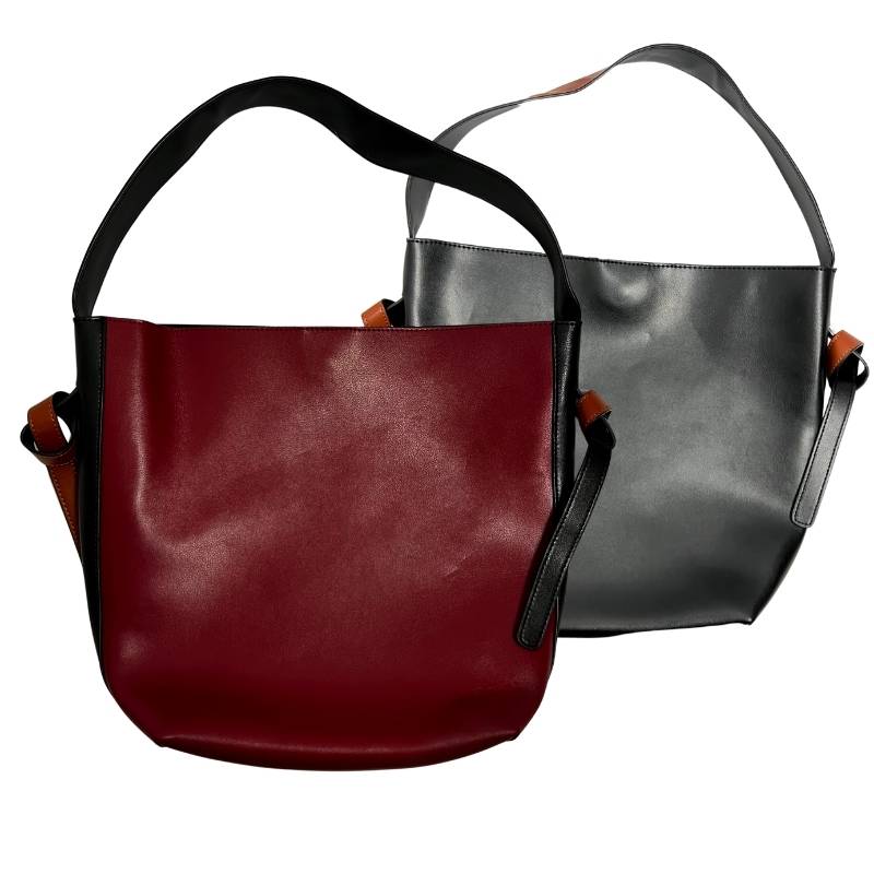 Red black and tan hobo shoulder bag front and back shown side by side