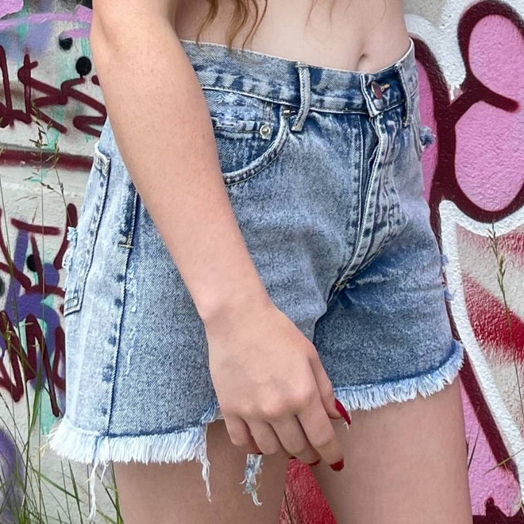 women's denim cutoff shorts button fly frayed hem