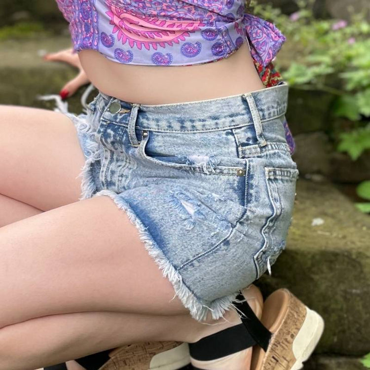 women's denim cutoff shorts button fly frayed hem