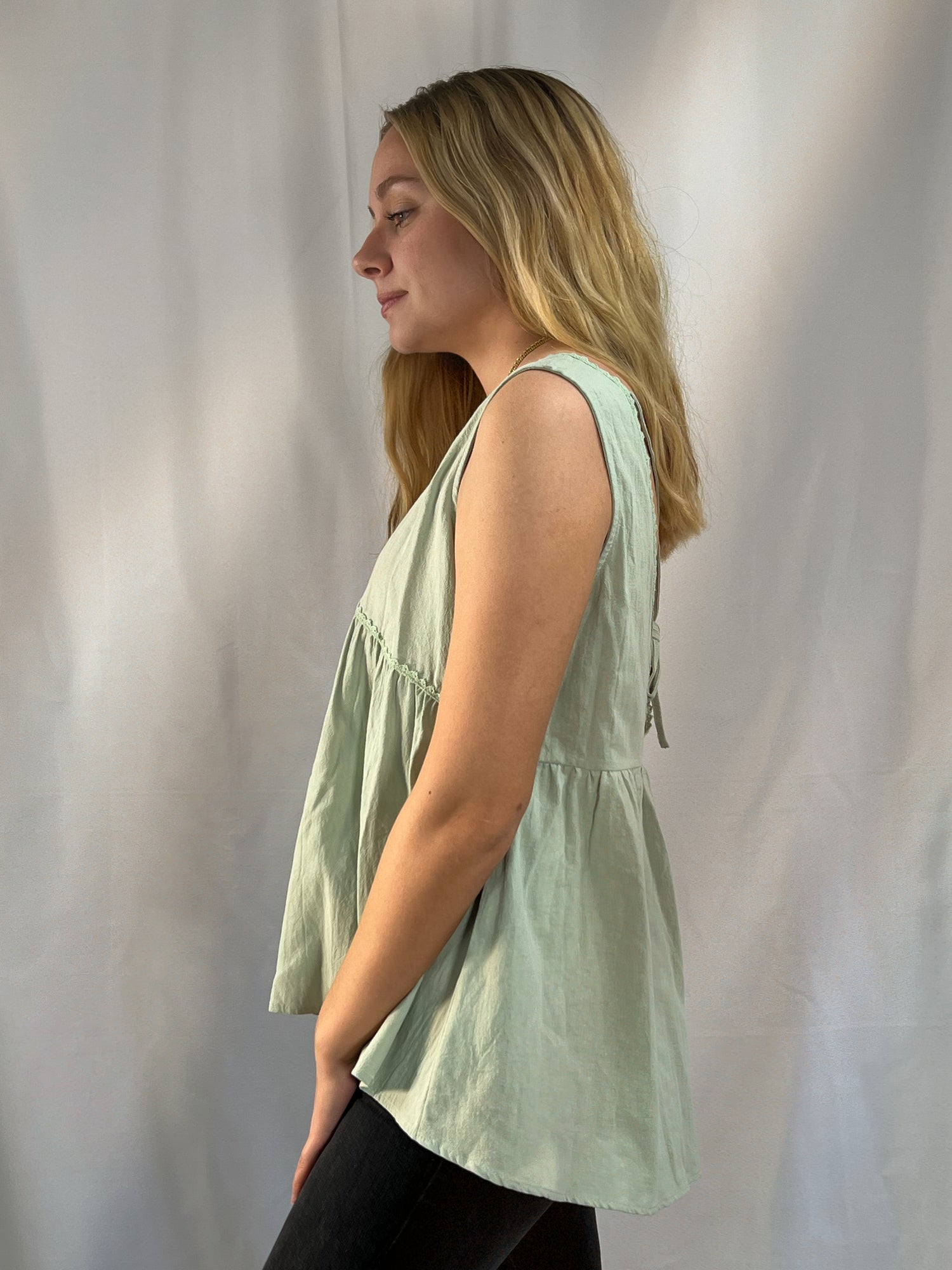 aqua cotton open back v-neckline woven tank top