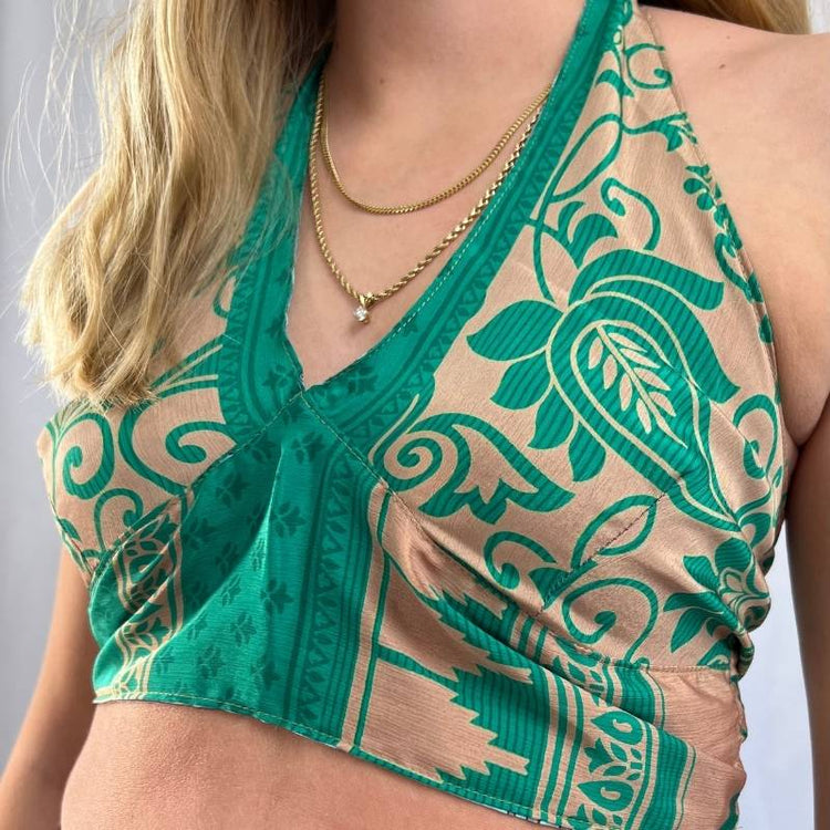 green tan silk reversible halter top closeup