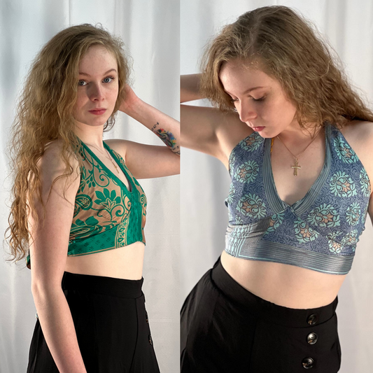 side by side images of reversible halter top green and gold on one side and blue and gold on the other. ties in the back. hand made. unique. silk blend.