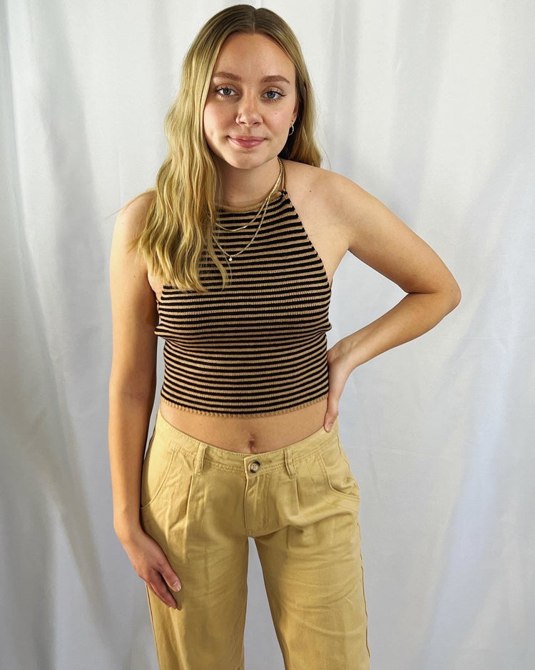 Knit halter cropped with crisscross tie back.
